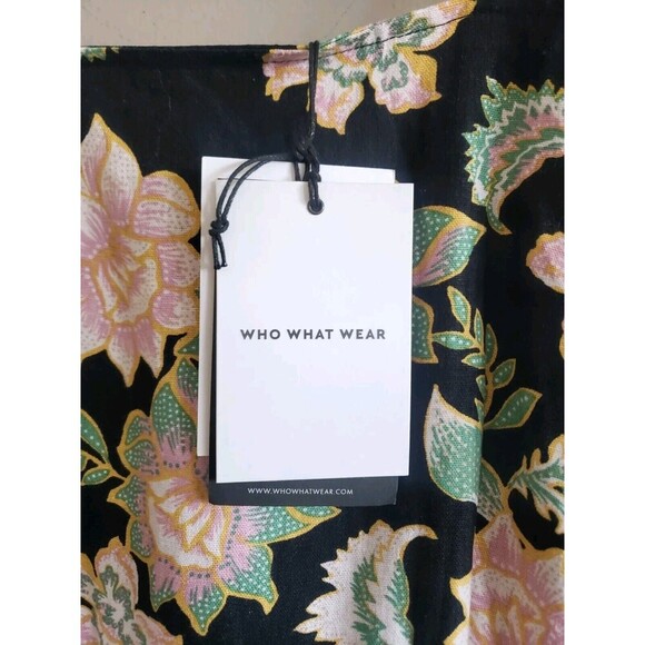 Who What Wear Linen Dress Womens Medium Black Pink Floral Square Neck NWT - Picture 8 of 8